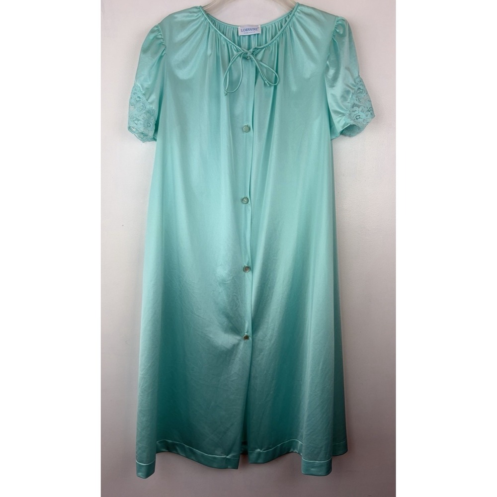 Vintage Lorraine Nightgown Robe Womens Small Button Mint Green Satin USA